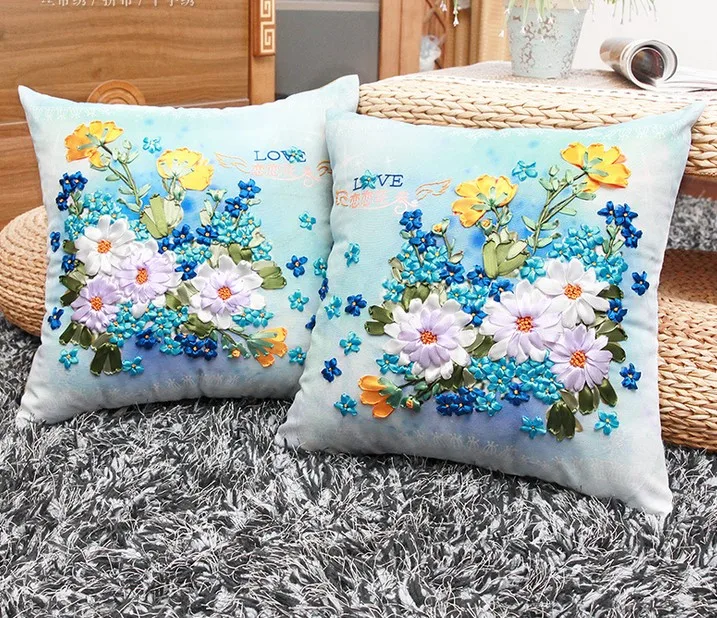 1 pair 45x45 cm 3D blu bianco fiore della margherita kit Nastro ricamo copertura del cuscino set artigianato FAI DA TE fatti a mano needlework art