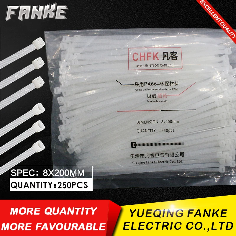 

250Pcs/pack 8*200mm high quality width 5.2mm White Color Factory Standard Self-locking Plastic Nylon Cable Ties,Wire Zip Tie