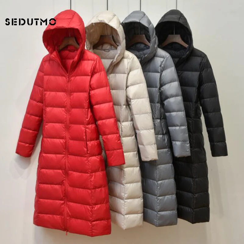 

SEDUTMO Spring Long Duck Down Jackets Women Ultra Light Autumn Hooded Coat Puffer Jacket Slim Black Parkas ED776