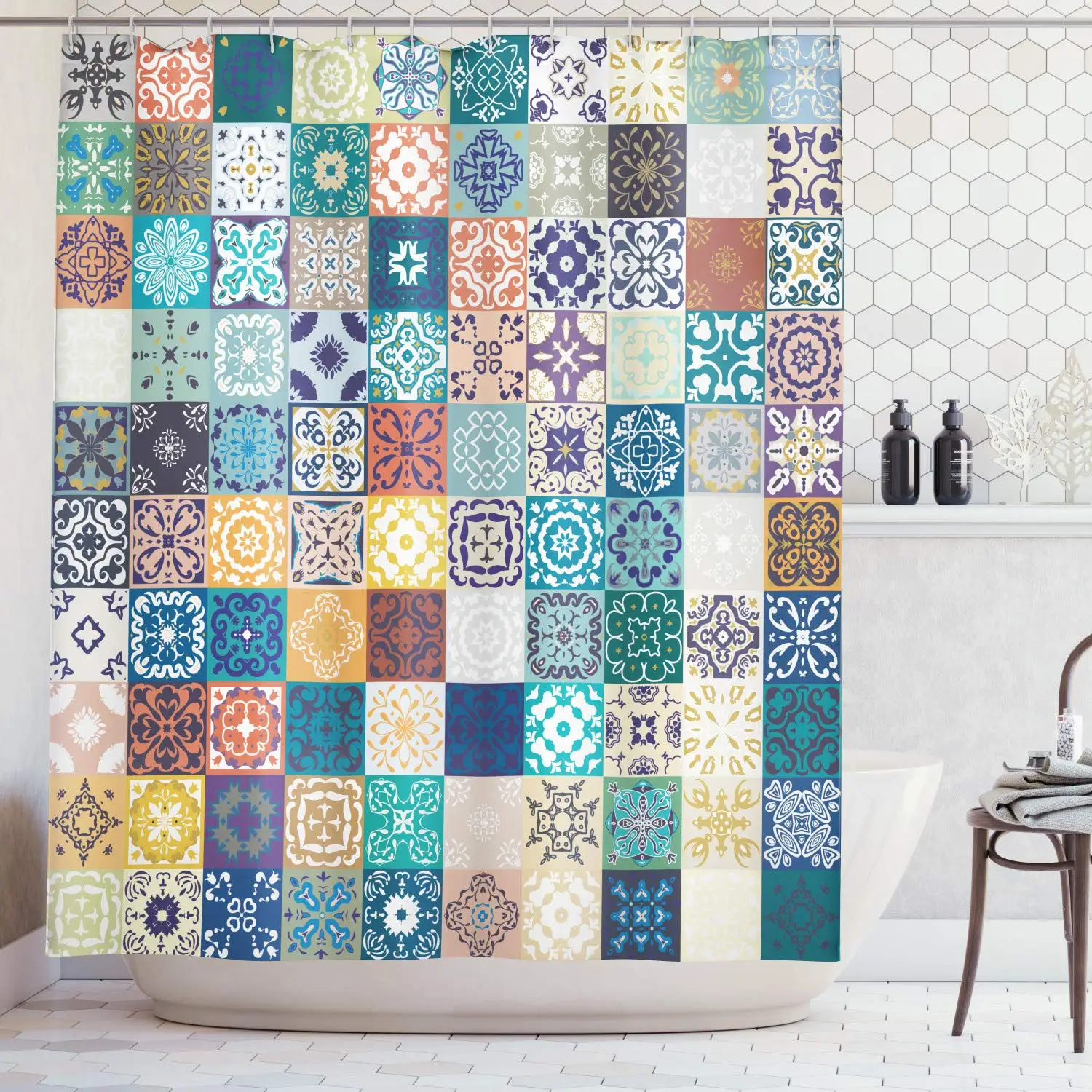 Moroccan Shower Curtain Set Mega Patchwork Pattern with Different Colorful Arabic Figures Original Tunisian Turquoise Yellow