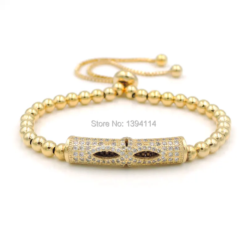 

29x7mm Micro Pave Clear CZ Combine Cross Of 4 Hollow Eyes Arc Tube Bead Bracelet Gold Or Silver Plated