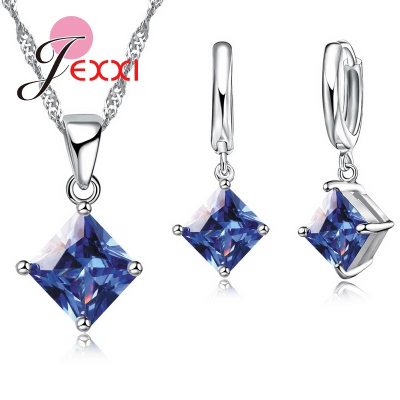 8 Colors 925 Sterling Silver Women Wedding Beautiful Pendant Necklace Earrings Set Clearly Square Crystal Jewelry Sets