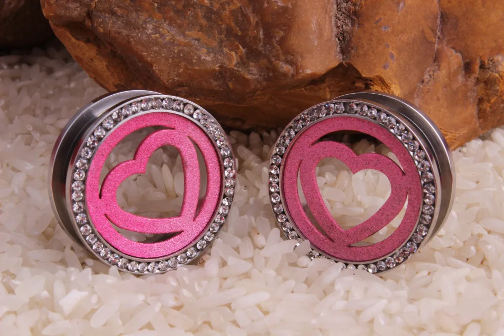 Fashion Body Piercing Jewelry 316L Steel Ear Gauge Plugs Flesh Ear Tunnels Lobe Expander Stretcher Pink Heart Piercing Oreja