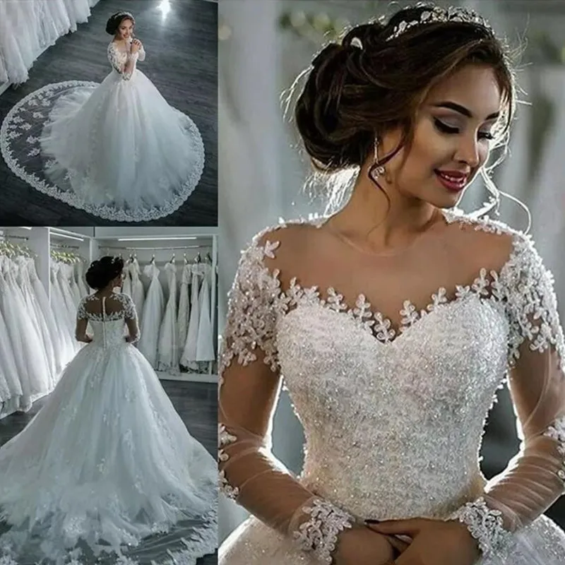 فستان زفاف أنيق من Vestidos De Noiva بأكمام طويلة مخصص من التول مزين بالخرز فساتين زفاف من الدانتيل الأميرة