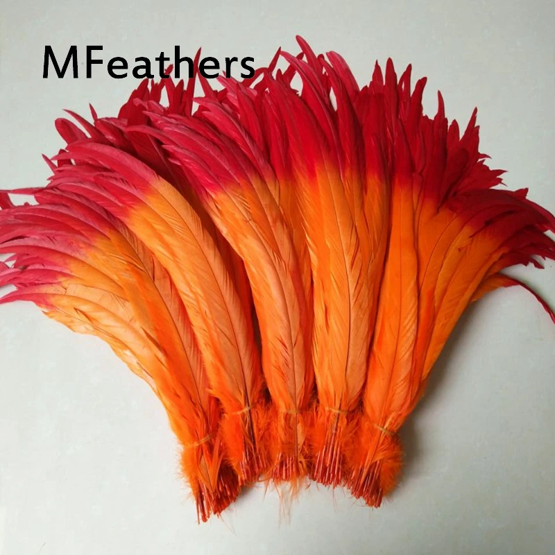 Wholesale 100pcs/lot Rooster tails Feather red tips with orange bottom Two tone dyed chicken feathers plumas for carnival decor.