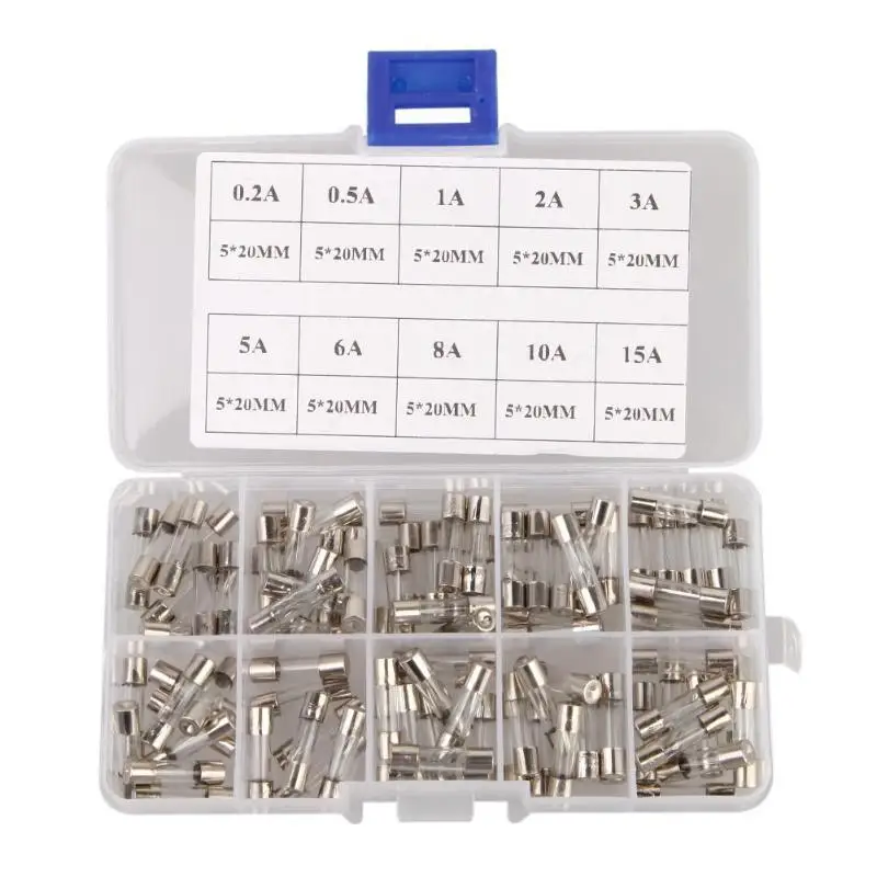 100Pcs/lot 5x20mm Car Tube Fuse Quick Blow Car Glass Tube Fuse with Fuse Holder Assorted Kit 0.2/0.5/1/2/3/5/6/8/10/15A