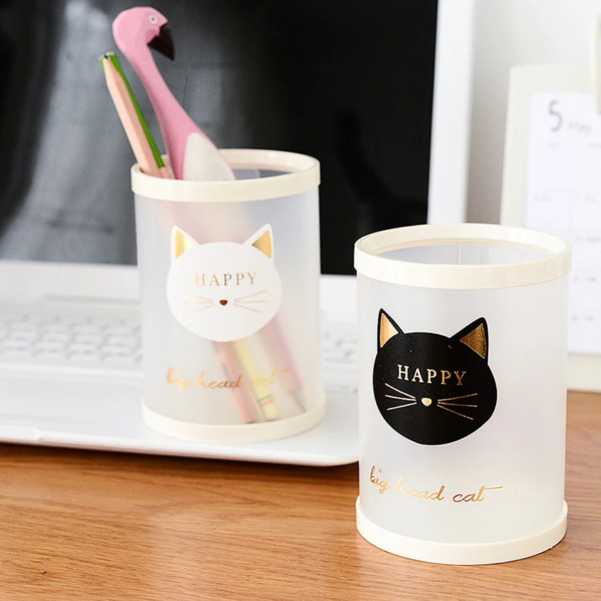 1 Pc Cute Stationery PP Animal Cat Star Transparent Frosted Round Pen Holder Students Supplies Pencil Holders Gifts