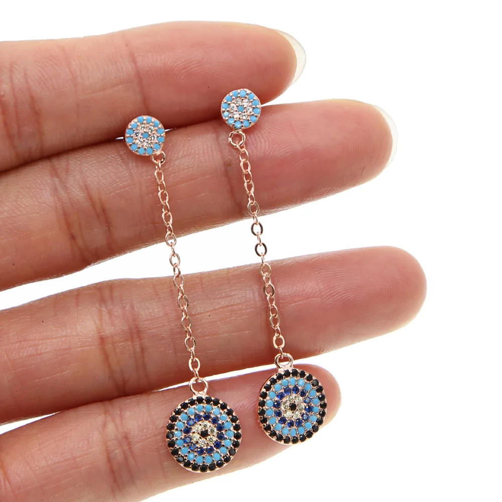 New round charm ZIRCONIA cz turquoises Crystal Dangle Earrings Long Chain Earrings For Women Girls