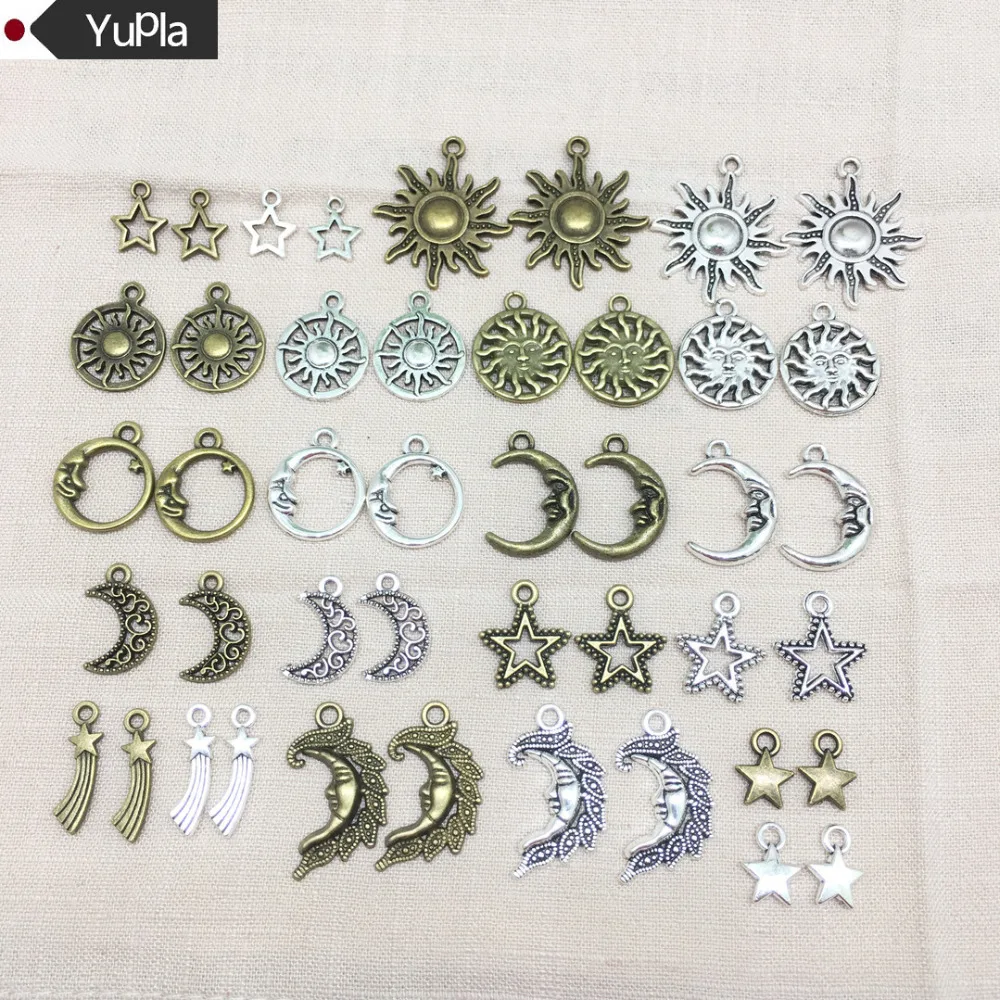 20pcs/lot Vintage Metal Star Moon Sun Meteor Charms Diy Handmade Fashion Retro Pentagram Pendant Charms for Jewelry Making