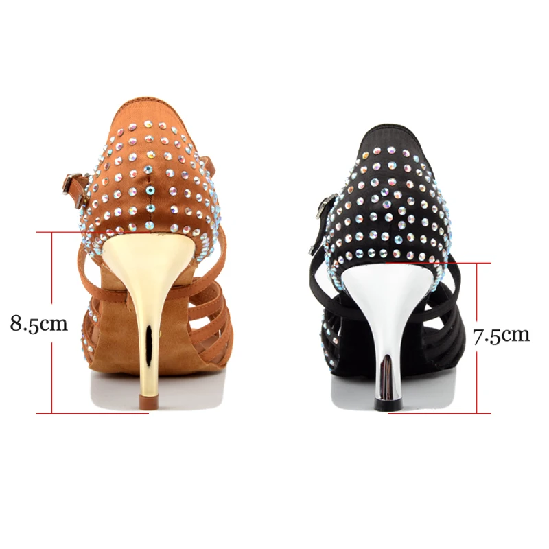 Ladingwu Dance Latin Shoes for Women Satin brown/Black Ballroom Dancing Shoes for Girls Glitter Rhinestone Boutique Heel 7.5/8.5