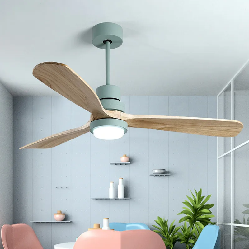 

Nordic Macaron Led Ceiling Fan Light Modern Three Color Change Living Room Dinner Bar Wooden Fan Lamp With Remote Control