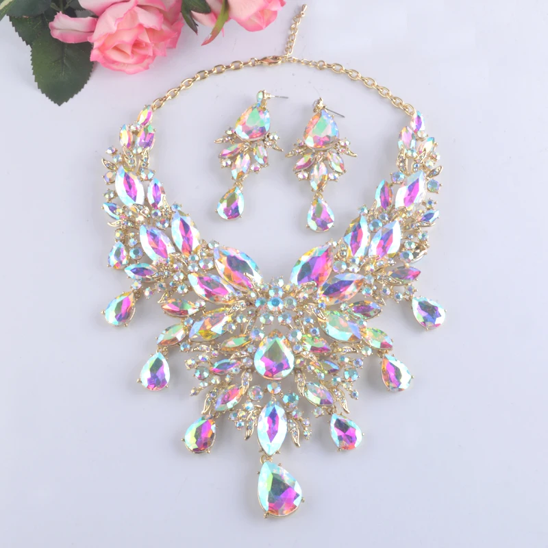 9 Color Women Rhinestone Pageant Jewelry Sets Pecock Style Fashion Bridal Party Wedding Dress Necklace Earrings Christmas Gift