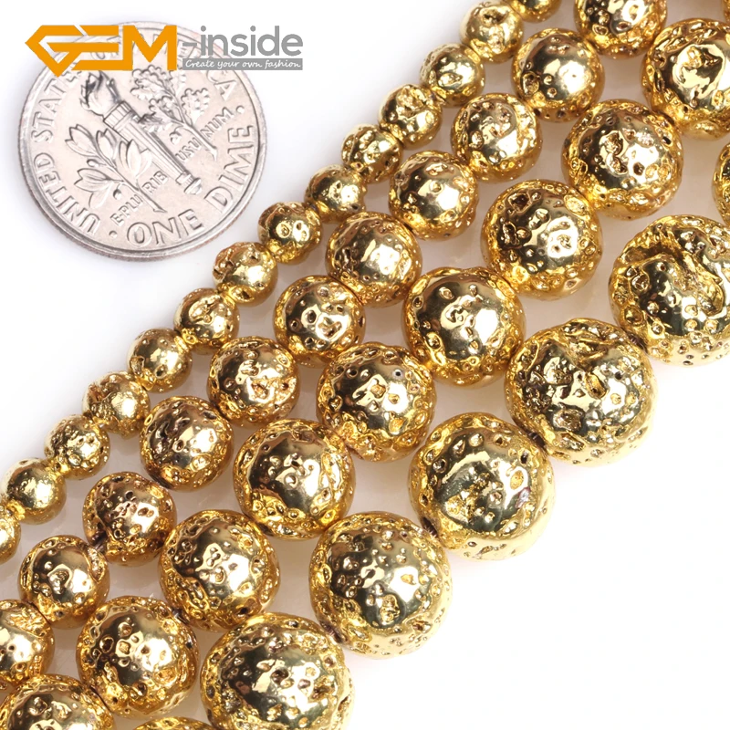 

Gold Metallic Coated Round Shape Volcanic Rock Stone Loose Beads For Jewelry Making DIY Strand 15"Wholesale Hot New