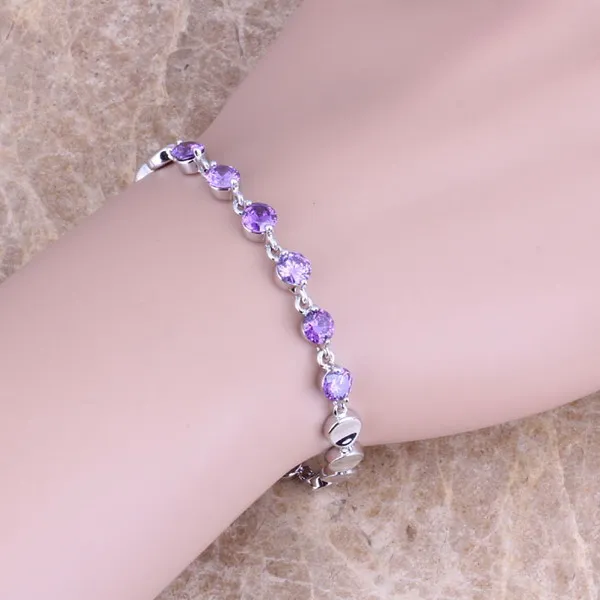 Flawless Purple Cubic Zirconia Silver Plated Link Chain Bracelet 6.5 - 7.5 inch Free Jewelry Bag S0329