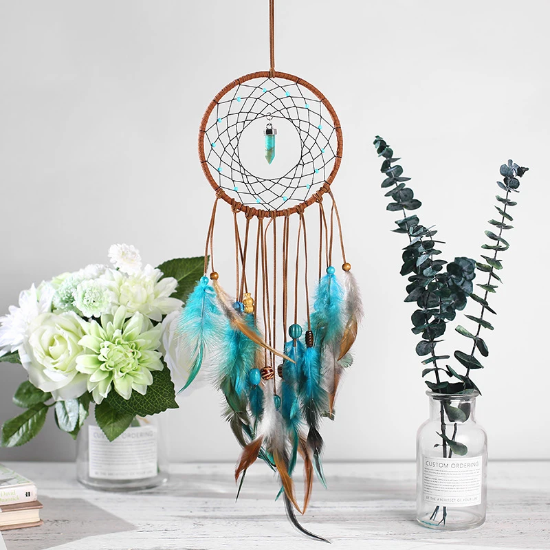 

New Emerald Wind Chime Charm Feather Dreamcatcher Bedroom Living Room Wall Decoration Creative Handmade Pendant Crafts-60238