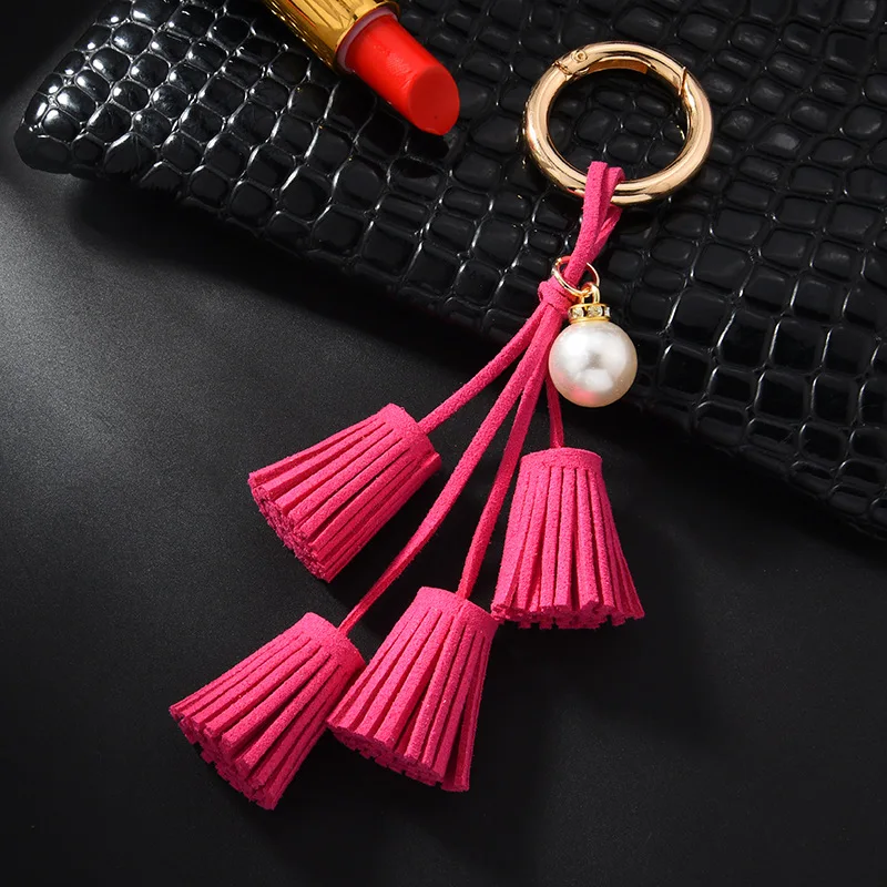 Korean velvet tassel keychain leather tassel pearl pendant car ornaments female key chain plush bag pendant