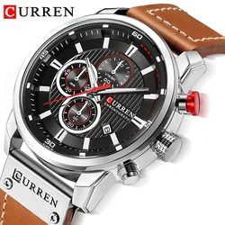 CURREN-Reloj analógico con correa de cuero para hombre, accesorio de pulsera de cuarzo resistente al agua con cronógrafo, complemento Masculino deportivo de marca de lujo con diseño militar, 8291