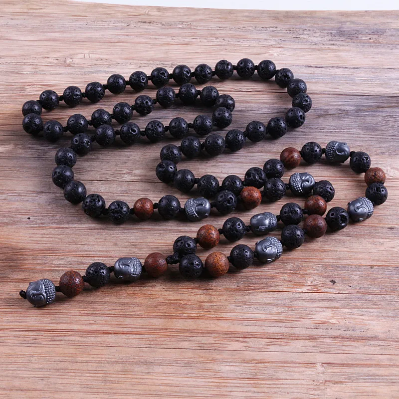 

New handmade Men's Black Hematite Buddha & 8mm Lava Stones Beads Long Necklace Fashion Jewelry