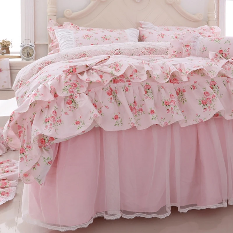 Koreaanse Bloemen Print Kant Beddengoed Set Queen King Size Ruche Strik Prinses Dekbedovertrek Roze Sprei Bedrok 100% Katoen