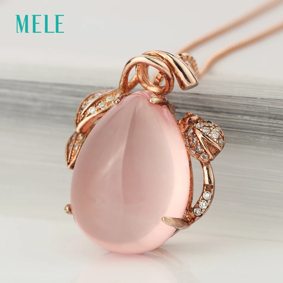 MELE Natural rose quarts silver pendant , pears 13mm*18mm, clean quality and lovely pink color, best gift for friends and family