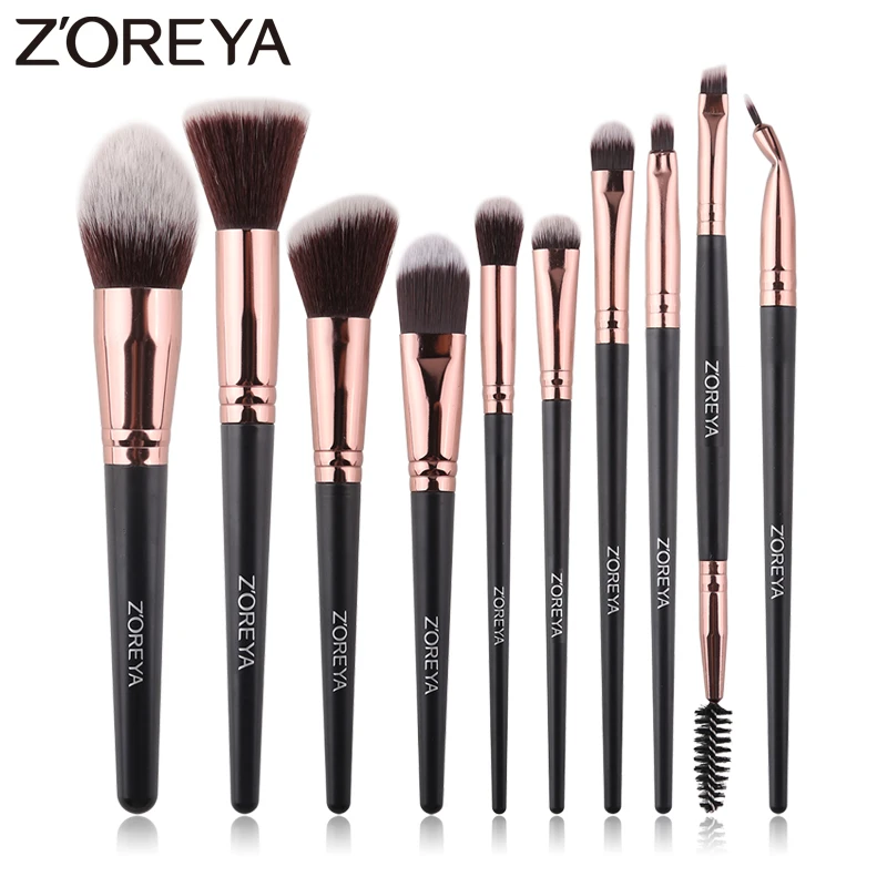 ZOREYA Brand Foundation Makeup Brushes Soft Synthetic Hair Black Eyebrow Eyelash Highlighter Brush Set 10pcs Black Cosmetic Kit