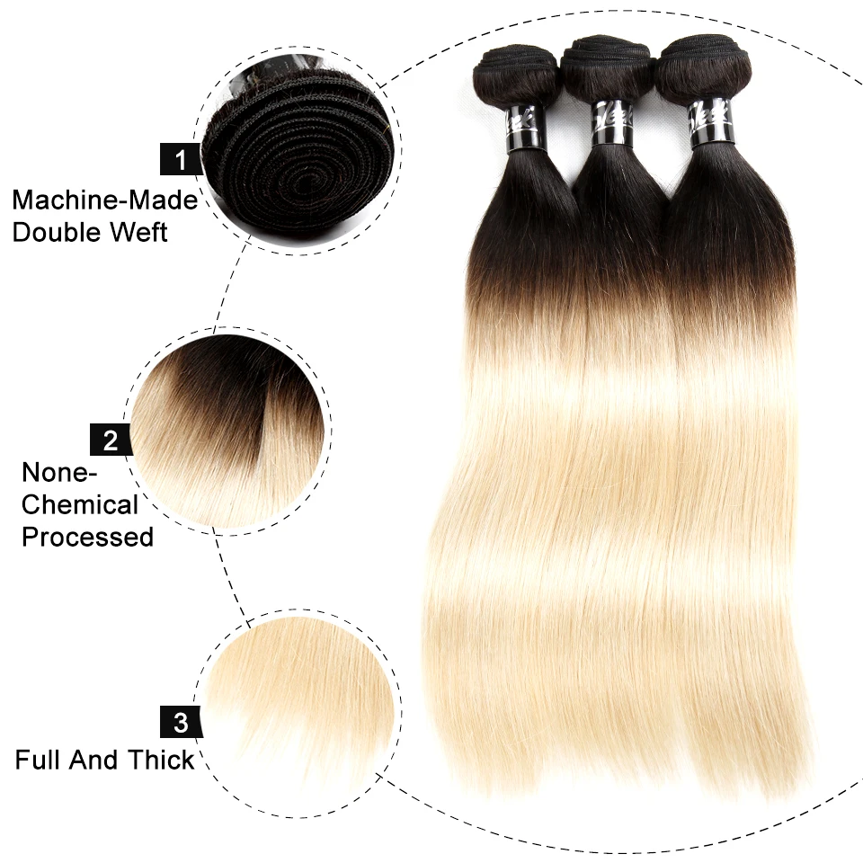 Sleek-extensiones de cabello humano liso brasileño, mechones de cabello humano Remy de dos tonos, ombré, Rubio 613, T1B/27, T1B/30, rojo 99J