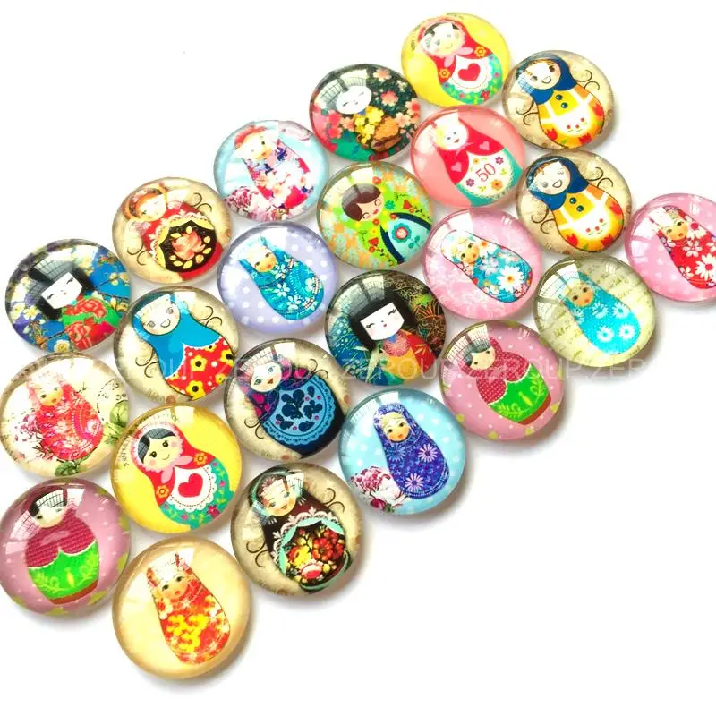 ZEROUP 12mm 20mm Photo Clear Round Glass Cabochon Matryoshka Mixed Pattern Cameo Base for Jewelry Embellishment Flatback