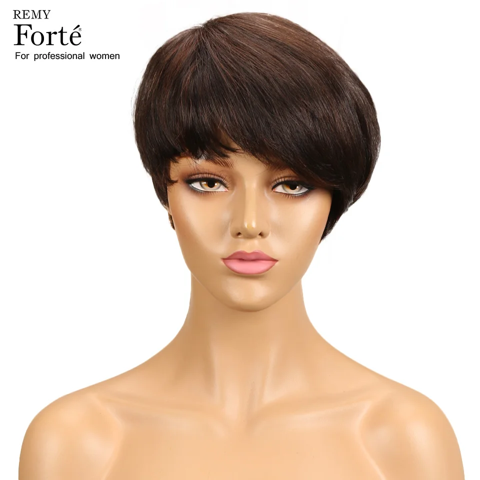 Wig rambut manusia pendek potongan Pixie rambut lurus Remy untuk mesin WANITA HITAM dibuat wig tanpa lem warna murah