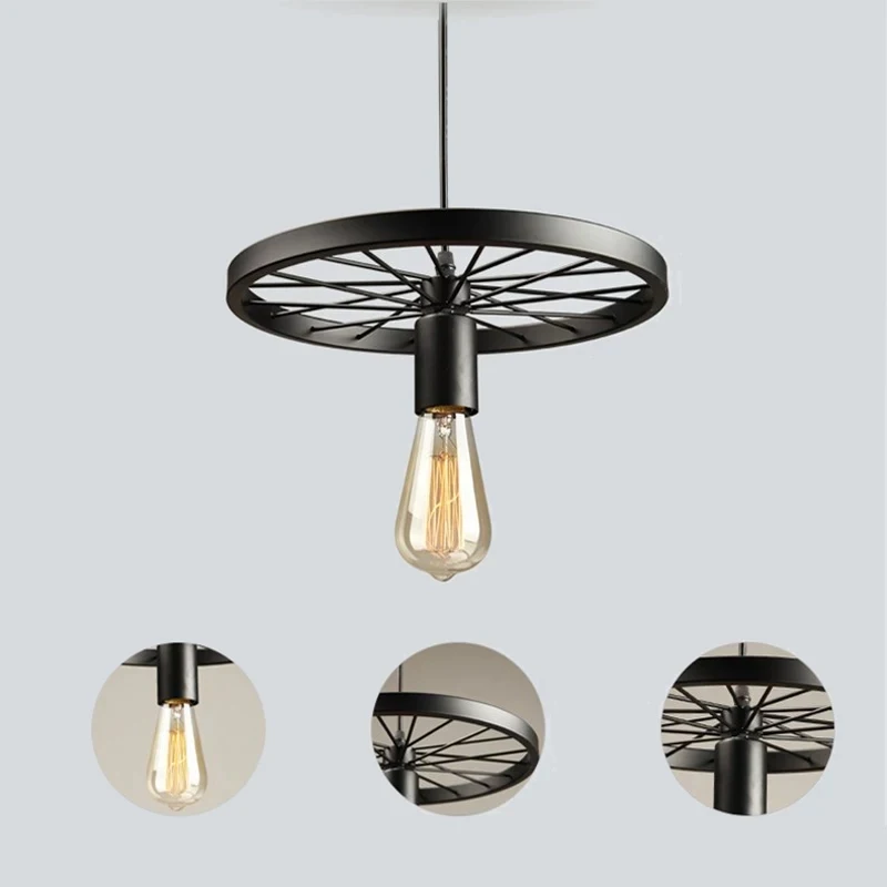 

2019 New Creative American Industrial Style Nordic Retro Wrought Iron Wheel LED E27 Edison Pendant Light Living Room Cafe