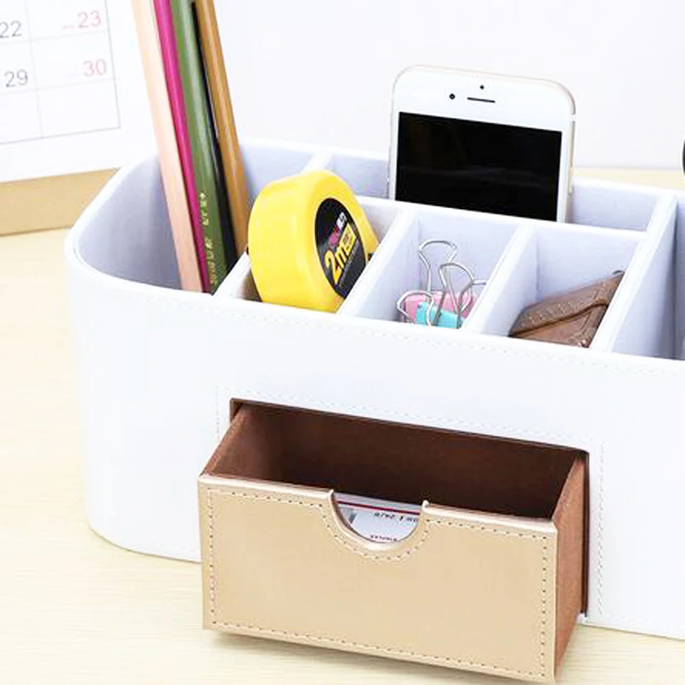 XRHYY Home & Office Matching Leather Pen Holder Desktop Practical Multi-Function Stationery Storage Box Cosmetic Brush Storage