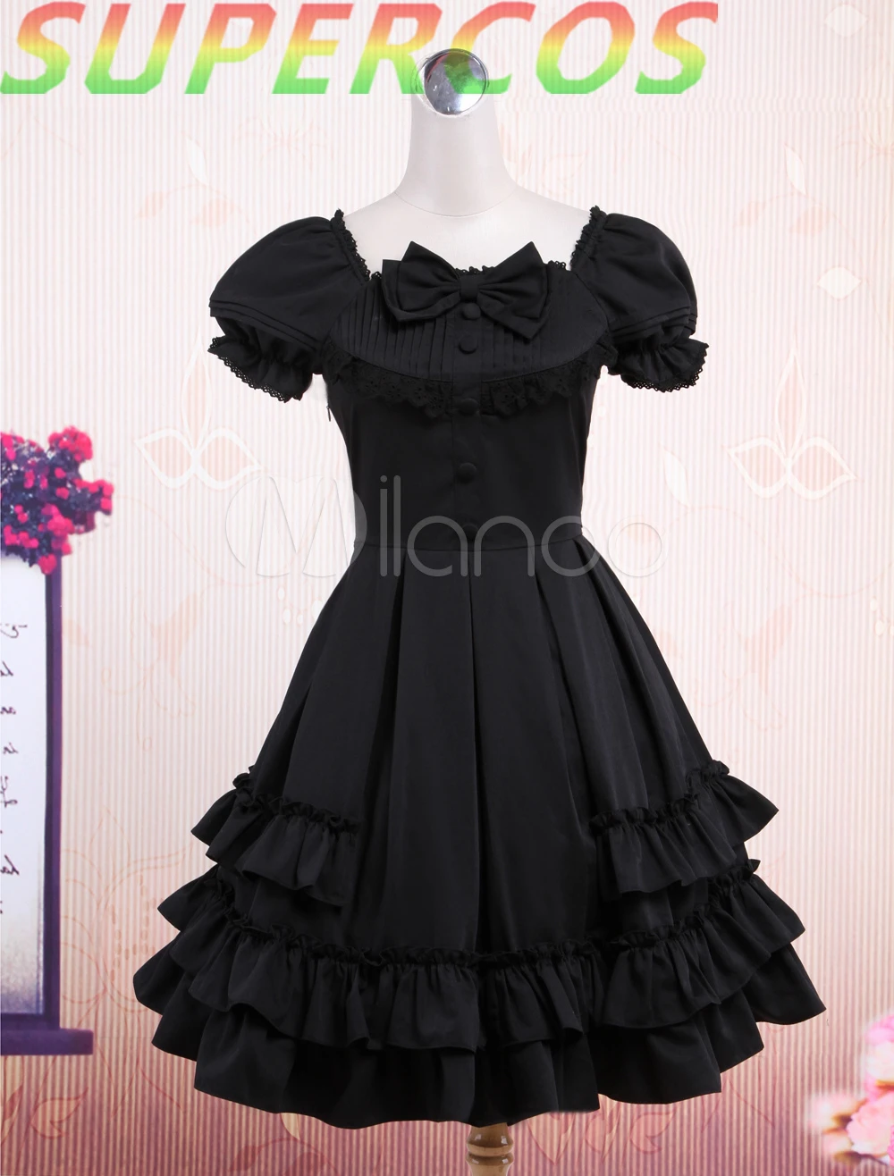 

Free shipping! New Arrivals! High Quality! Sweet Black Short Sleeves Bow Decorated Cotton Cute Lolita One-Piece Dress