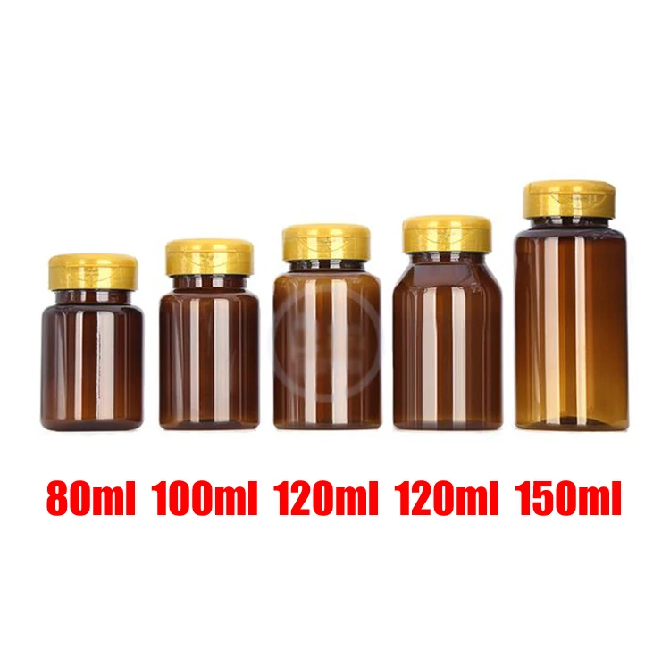 100pcs Flip PET Bottles,Capsules/Pills/Powder/Vitamin Plastic Bottles with Brown Color Flip Golden Cap -- 80ml/100ml/120ml/150ml