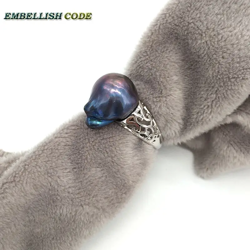 Adjustable size Resize baroque pearl ring hyperbole black blue Lustrous tissue nucleated fire ball shape for women