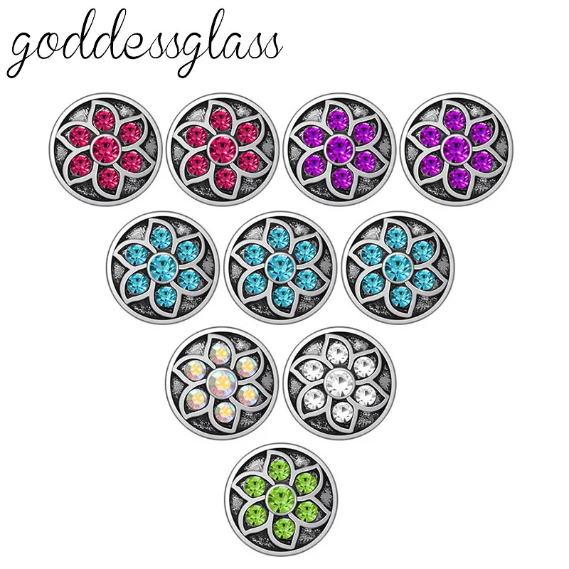 

Beauty 10pcs mixed Round Rhinestones Flowers pattern 12mm snap buttons fit 12mm snap bracelet jewelry wholesale KZ9117