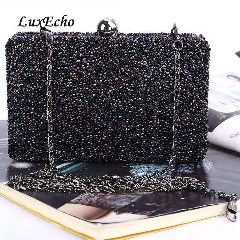 LuxEcho Black handbags single Chain Bride wedding purse Fashion party evening bags Day clutches pearl Shoulder bags