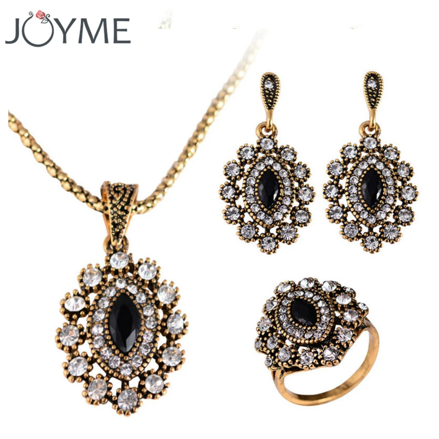 Joyme New Vintage Look Gold-Color Eye Wedding Turkish Jewelry Crystal Earring Ring Necklace Sets For Women Bijoux Femme