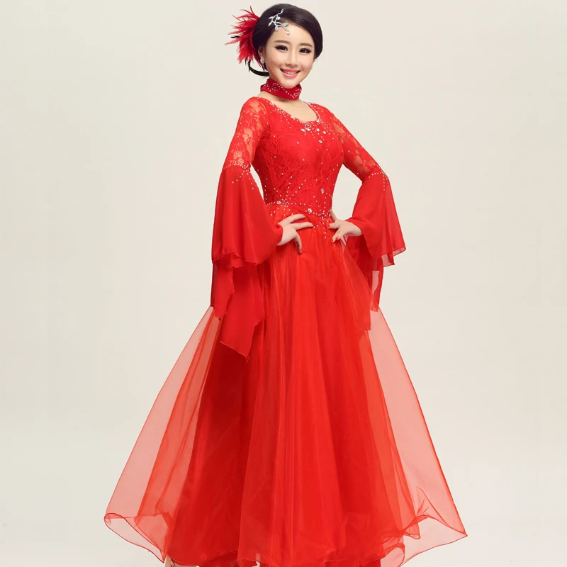 

customize woman ballroom competition dress long-sleeve shine luxury dance performance wear dress o-neck diamond big flare sleeve