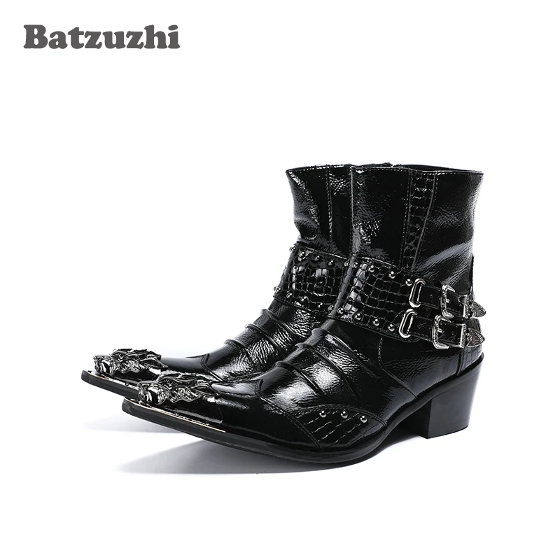 

Batzuzhzi 6.5cm Heels Men Boots Black Leather Dress Boots Metal Tip Botas Hombre with Buckles Punk Rock Motocycle Short Boots