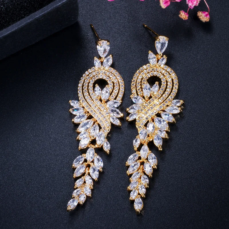 Pera Fashion Famous Brand Red CZ Stone Jewelry Long Dropping Big Leaf Shape Women Evening Party Cubic Zirconia Earrings E228