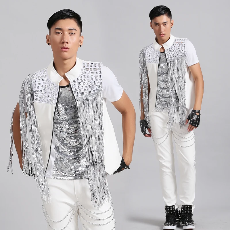 Male Tassel Vest Costume Nightclub Male Novelty Blazer Slim Suit Fashion men's outwear stage show performance wear