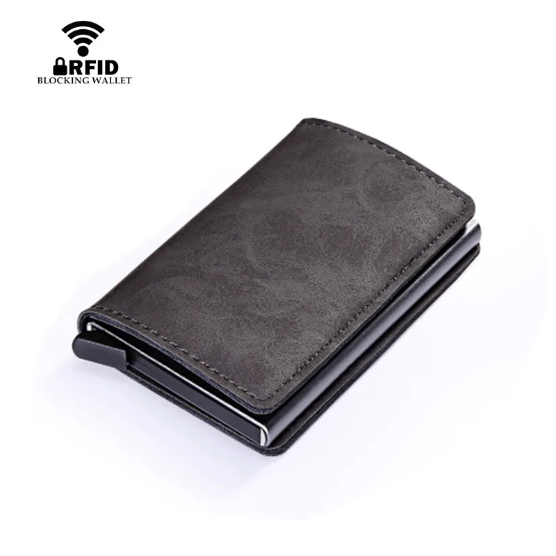 Hot Koop RFID Card Bescherming mannen Lederen Card Case Mini Portemonnee RFID Blokkeren Aluminium ID Credit Card Houder Voor man