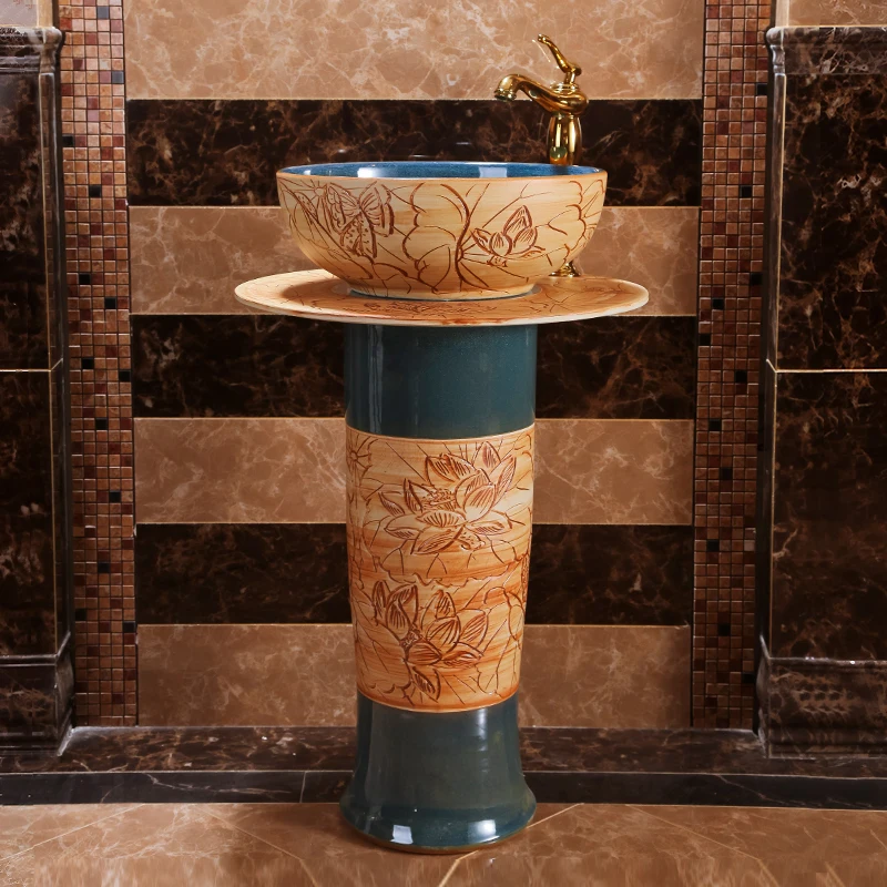 

Ancient Pillar Basin Integrated Floor Type Ceramic Basin Outdoor Washbasin Outdoor Courtyard Column Wash sinks pedestal basin