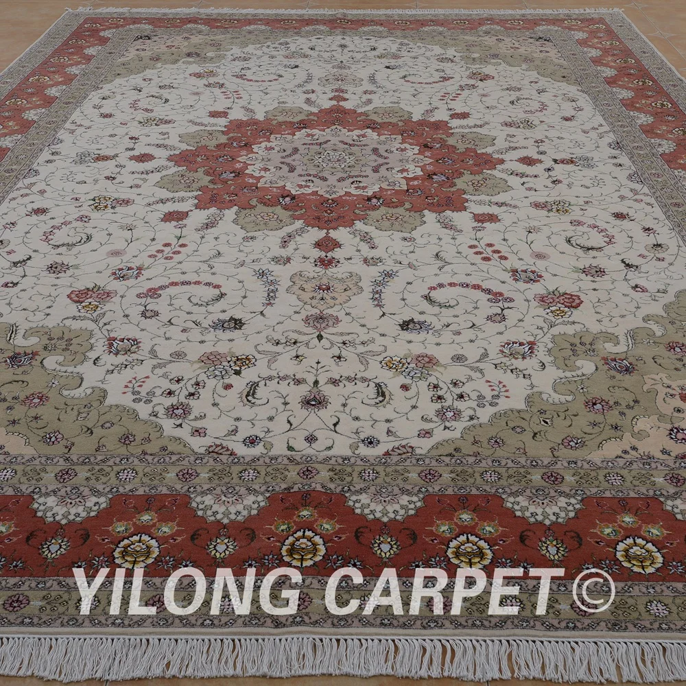 Yilong 10'x14' Persian traditional oriental wool rugs beige exquisite wool area carpet (1491)