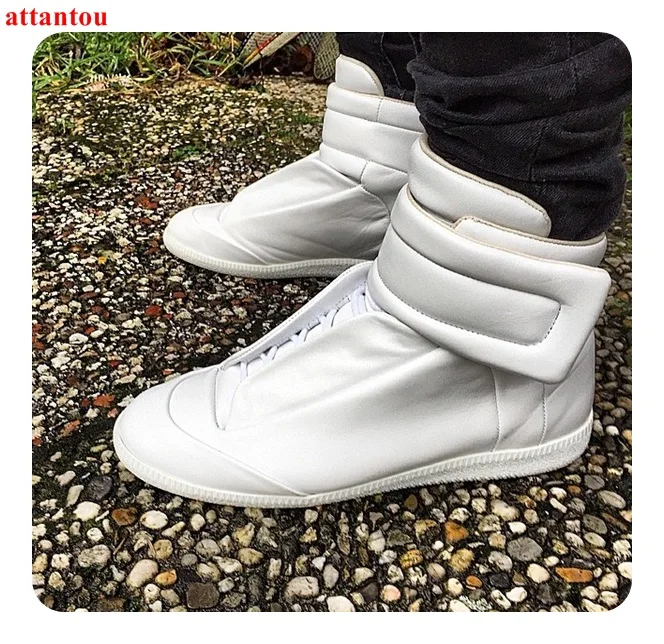 Men\'s Casual Shoes hot sale men white shoes glazed leather flats street fashion hook&loop high top male trainers dress shoes