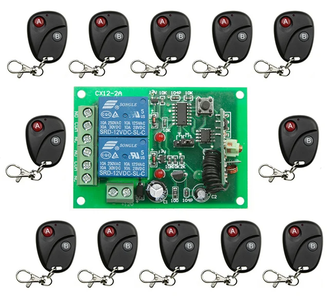 

DC 12V 24V 10A 2 CH 2CH RF Wireless Remote Control Switch System Black Transmitter + Receiver Learning code 315/433MHZ