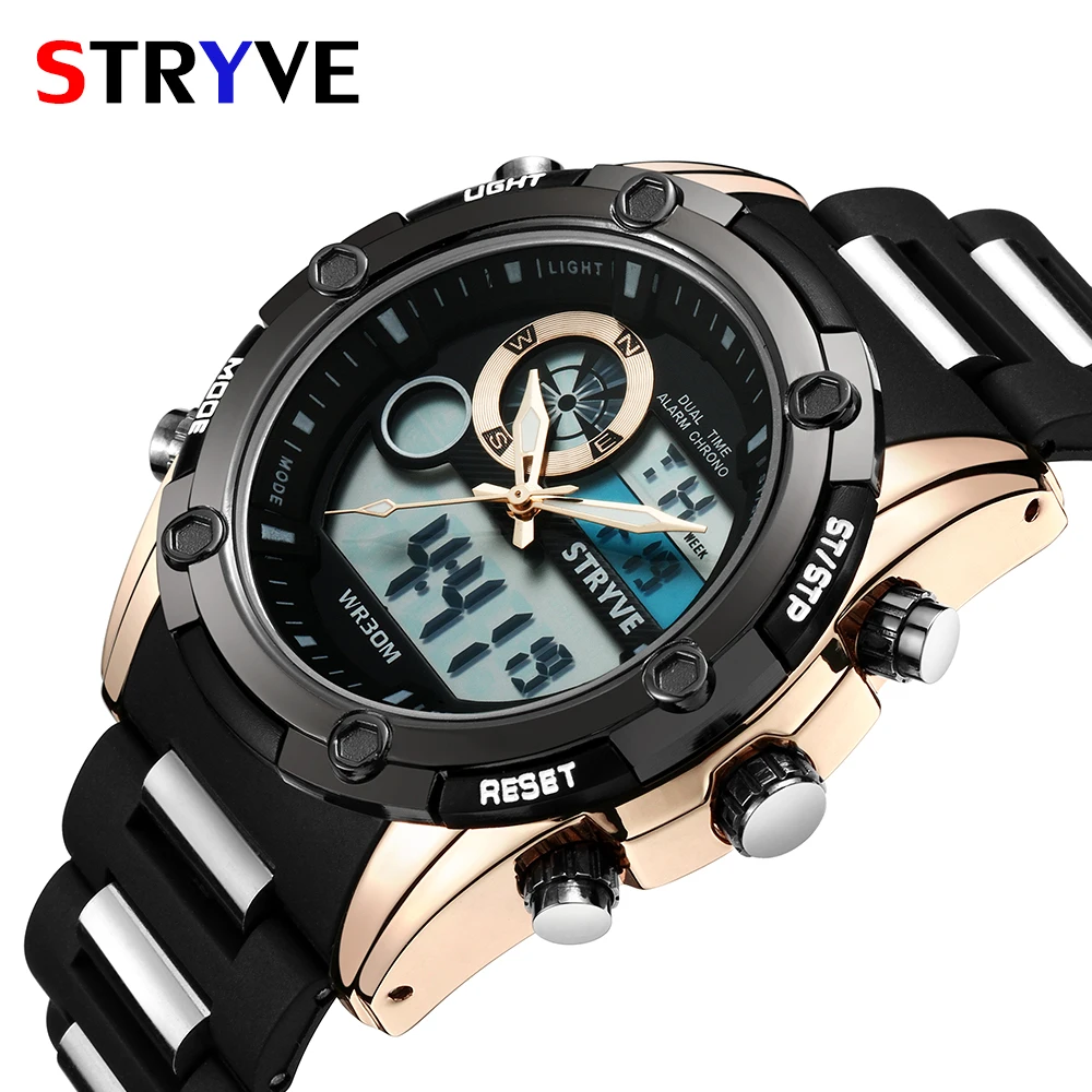 

Stryve Brand New Men Sports Wristwatches Military Heavy Dial Waterproof Swim Quartz Digital Dual Time Zone Watches Mens horloge