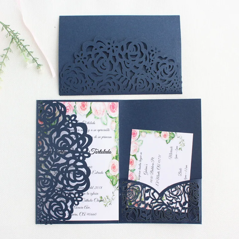 

Rural invitations wedding marriage navy blue rose laser cut tri-fold pocket envelop multi colors offer customized service