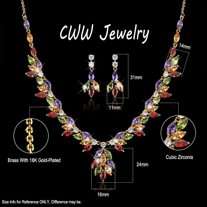 CWWZircons Beautiful In Colors Top Quality CZ Crystal Big Drop Flower Necklace Earrings Jewelry Sets For Women Gift  T069