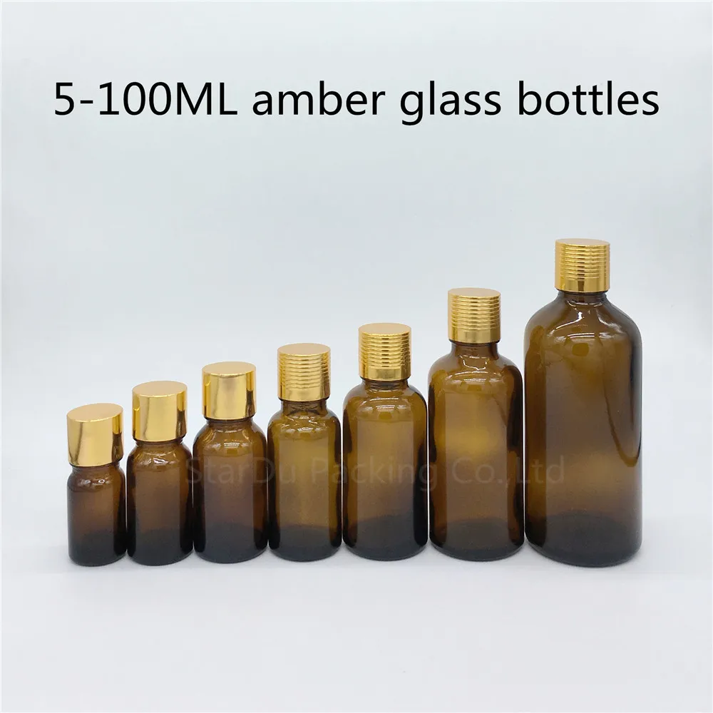 

5ml 10ml 15ml 20ml 30ML 50ml 100ml Amber Glass Bottle Vials Essential Oil Bottle With Gold Screw Cap Perfume Bottles 500pcs