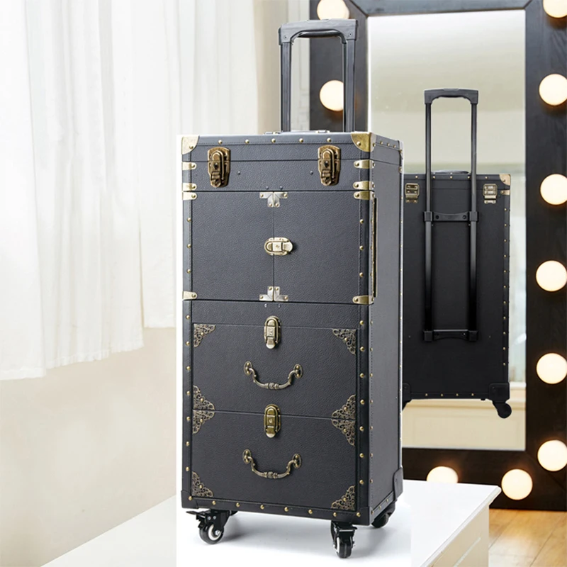 Hairdressing Makeup Tool Box Trolley Retro Luggage with Double Drawer Hair Stylist Large Box Beauty Salon Tattoo Cosmetic Case